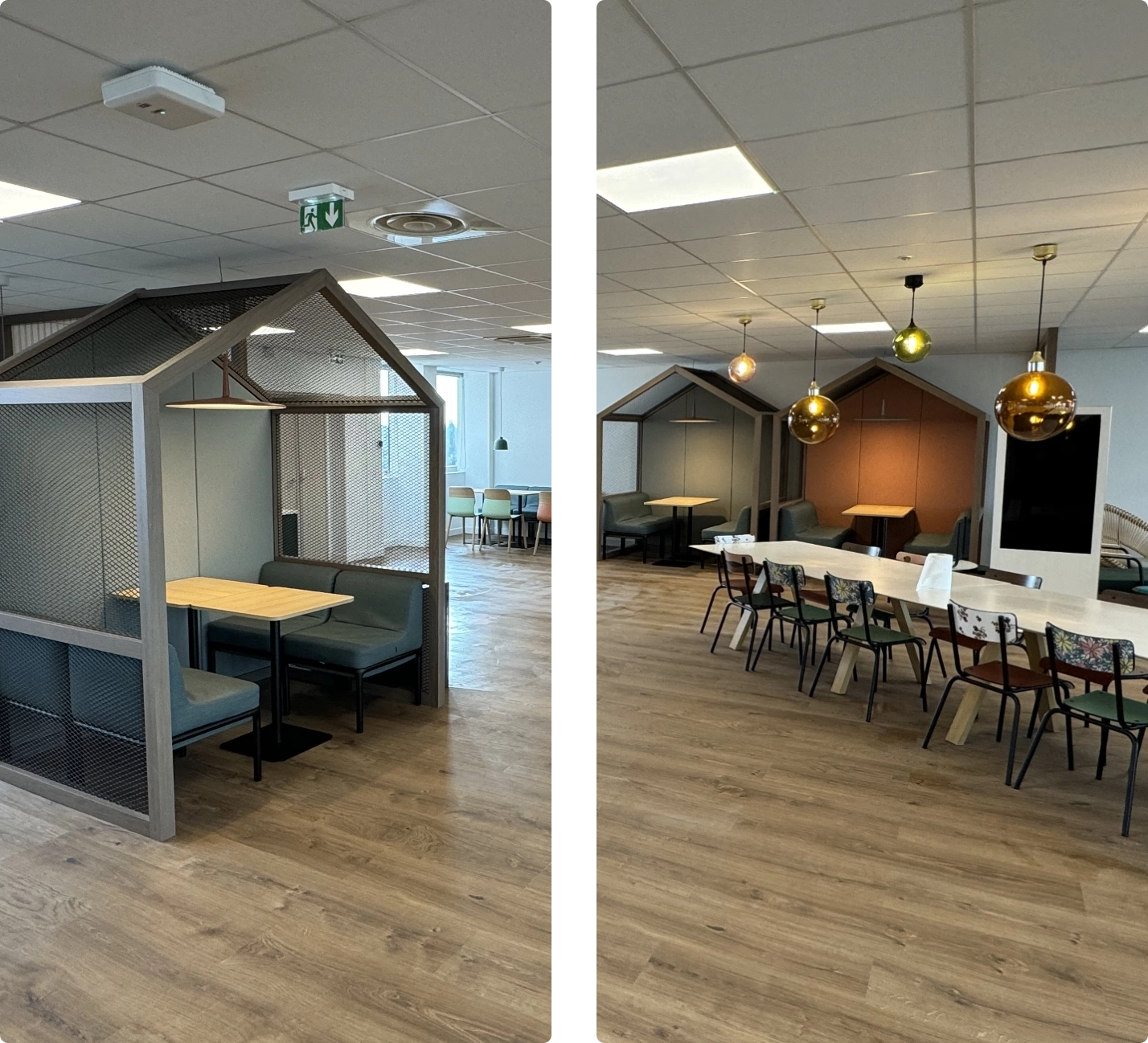 Rénovation intérieure des bureaux d’entreprise avec cafétéria.