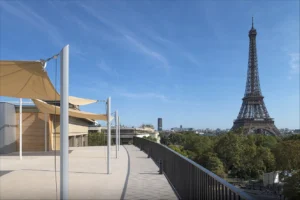 Nouvelle aménagement de la terrasse en toiture du CESE vue Tour Eiffel